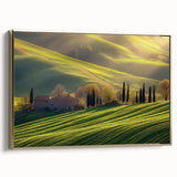 Framed canvas artwork depicting a serene countryside landscape with vibrant colors and gold accents, elegantly displayed from the side to showcase its depth and texture.