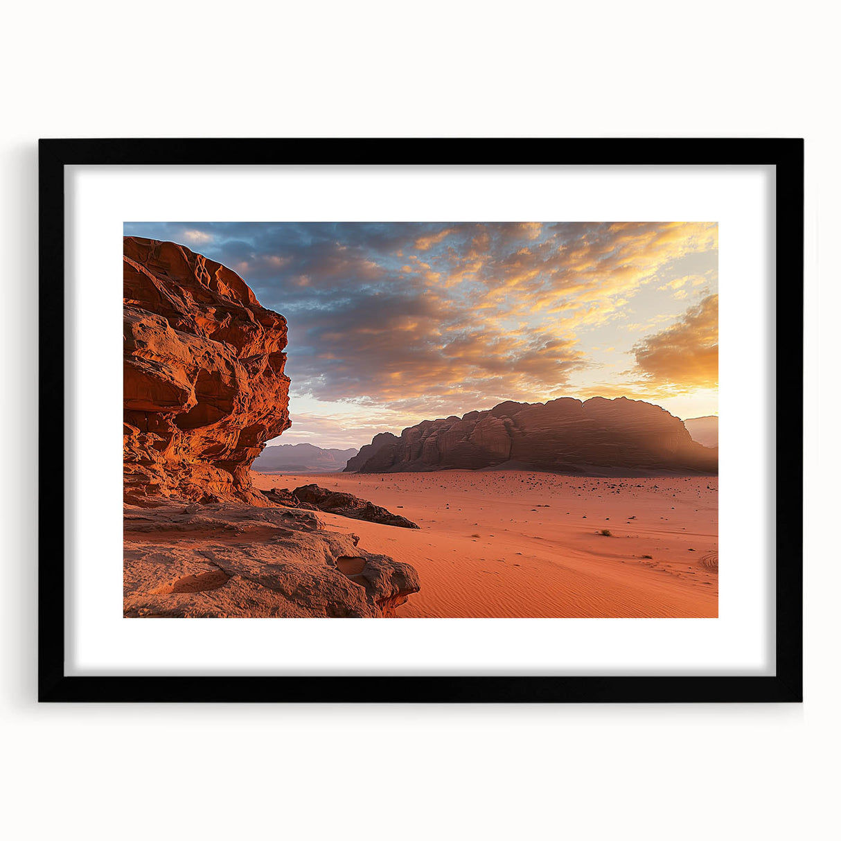 Desert landscape framed art print showcasing a black mat and sleek frame, ideal for modern home decor, emphasizing earthy tones and serene imagery.
