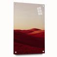 Acrylic glass artwork showcasing a vibrant landscape design featuring lush fields and rolling hills, displayed in a side view with decorative pins and a sleek modern finish.