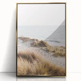 Large art print of a mid-century modernist summer scene in vibrant gold and blue tones, acrylic framed.