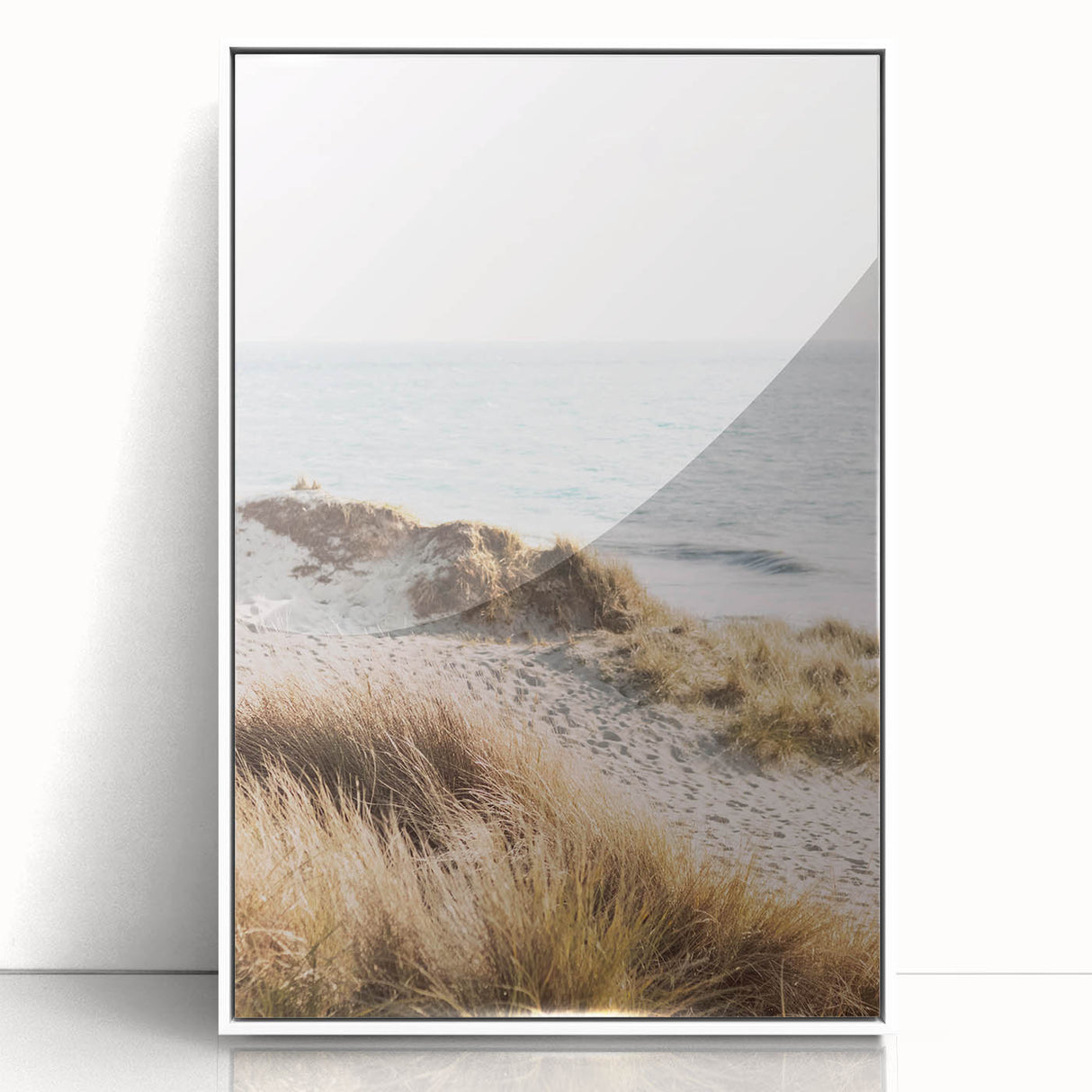 Art deco poster depicting a stylized summer scene in pastel shades, framed in white acrylic, ideal for nursery wall decor.
