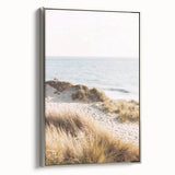 Landscape art painting featuring a summer scene on framed canvas, with vibrant colors and vintage poster style.