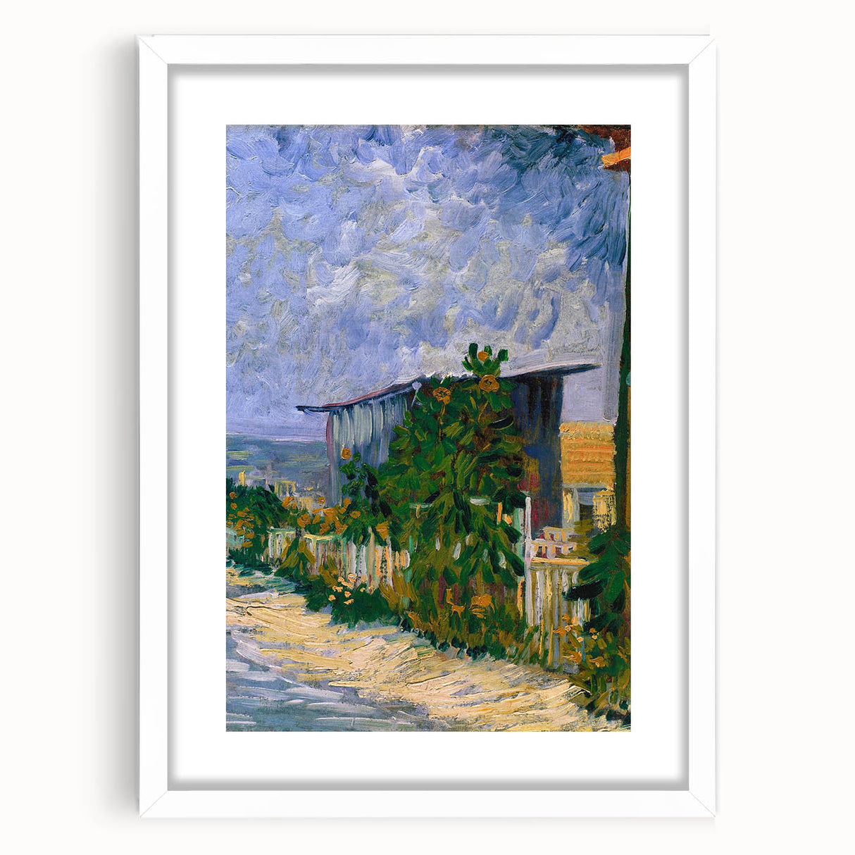 Textured abstract art print featuring swirls in blue and yellow on a white framed canvas, ideal for bedroom wall decor.