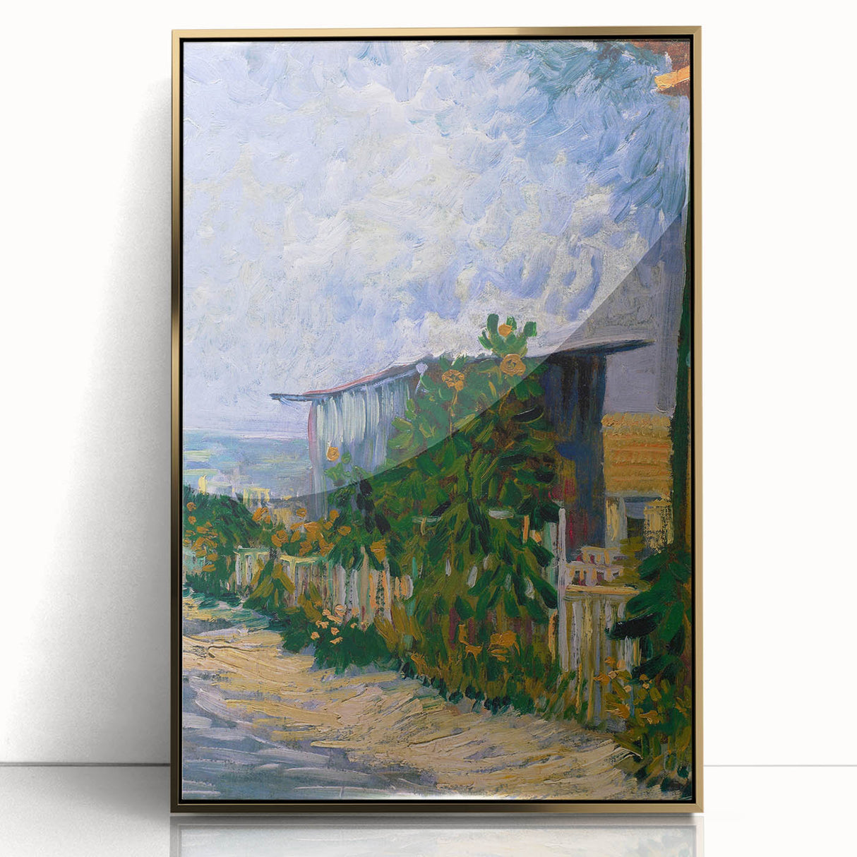 Art deco poster of Van Gogh's painting in gold frame, featuring vibrant blues and yellows.