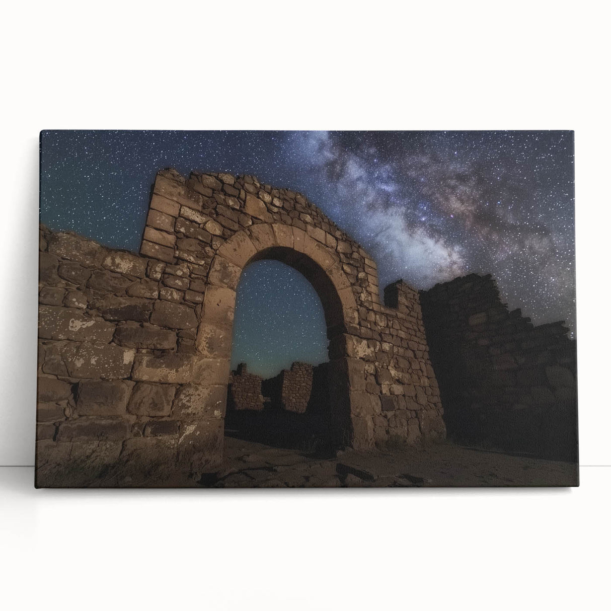 Stretched canvas artwork depicting a picturesque landscape with a majestic castle surrounded by lush greenery and a clear blue sky, perfect for home decor.