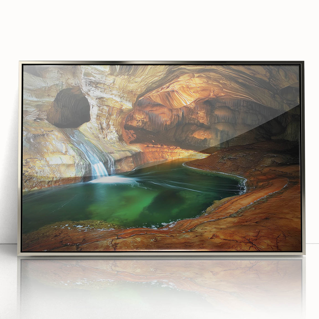 Framed acrylic artwork depicting a stunning landscape with intricate cave formations and silver accents, perfect for modern home decor. This piece evokes tranquility and connection to nature.