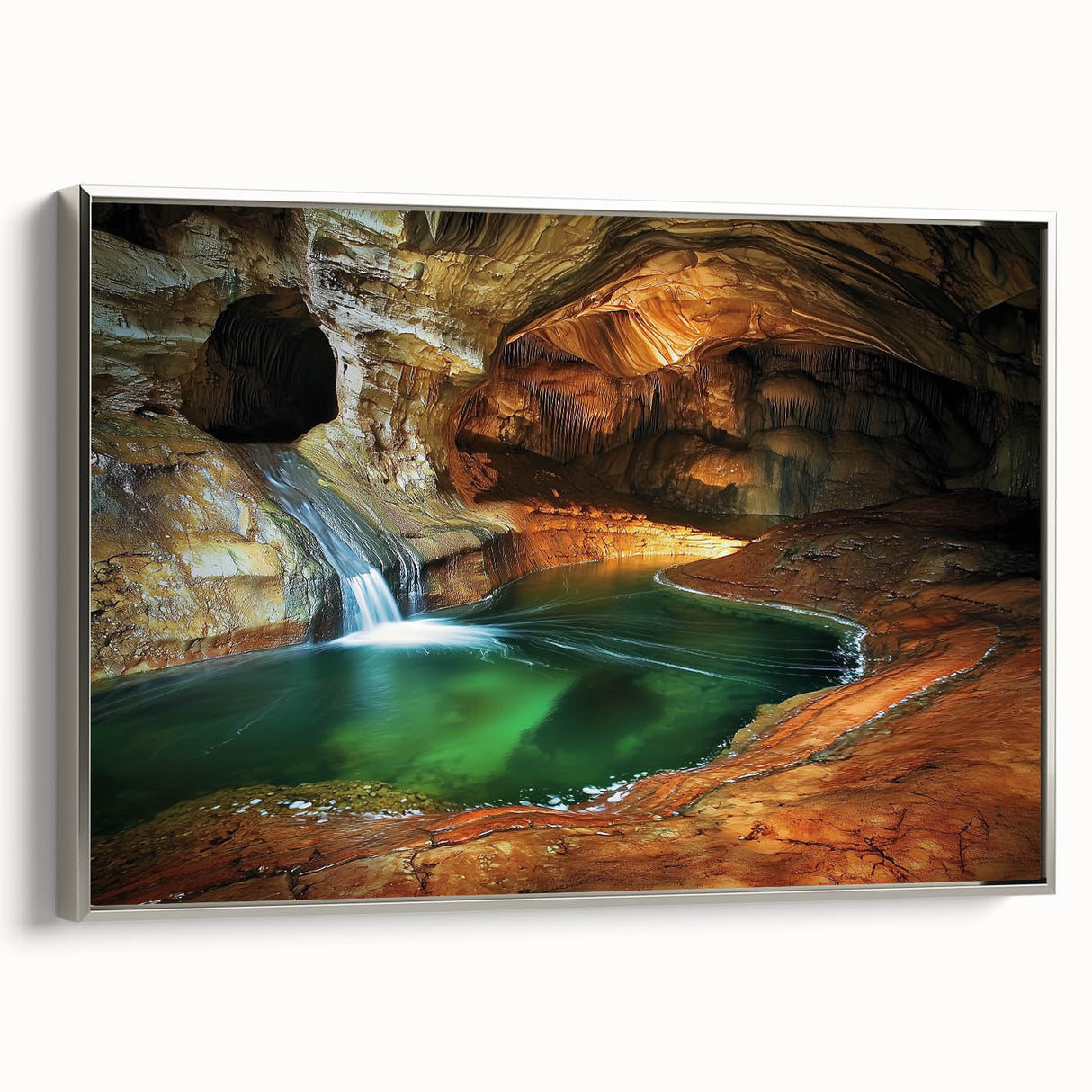 Framed canvas artwork showcasing a stunning landscape scene with intricate cave formations, set in a sleek silver frame, perfect for modern home decor.