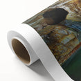 Stunning rolled canvas artwork depicting a serene landscape with caves and vibrant colors, showcasing intricate details and textures, ideal for home decor.