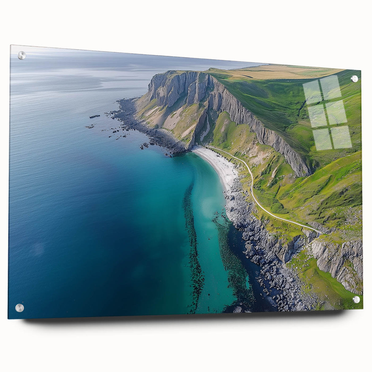 Acrylic landscape artwork depicting dramatic cliffs and scenic vistas, showcased in a side view with metallic pins, ideal for modern home decor.