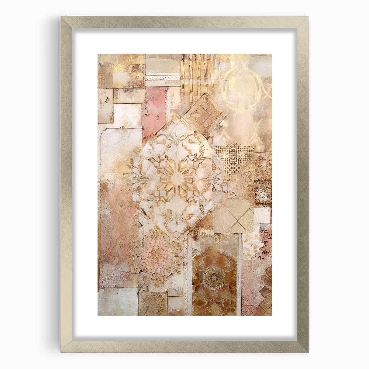 Abstract architectural wall art framed with a silver mat, showcasing geometric shapes and modern design elements, ideal for contemporary home decor.