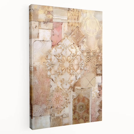 Stretched canvas wall art showcasing an abstract architectural design with vibrant colors and geometric shapes, perfect for modern interior decor.