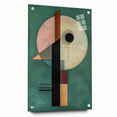 Abstract geometric acrylic glass artwork displayed from a side view, showcasing vibrant colors and intricate pin details, ideal for modern home decor.
