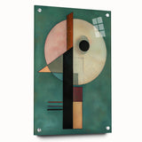 Abstract geometric acrylic glass artwork displayed from a side view, showcasing vibrant colors and intricate pin details, ideal for modern home decor.