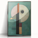 Framed abstract geometric art piece with a silver border, showcasing intricate shapes and patterns on a clear acrylic surface, perfect for modern decor.