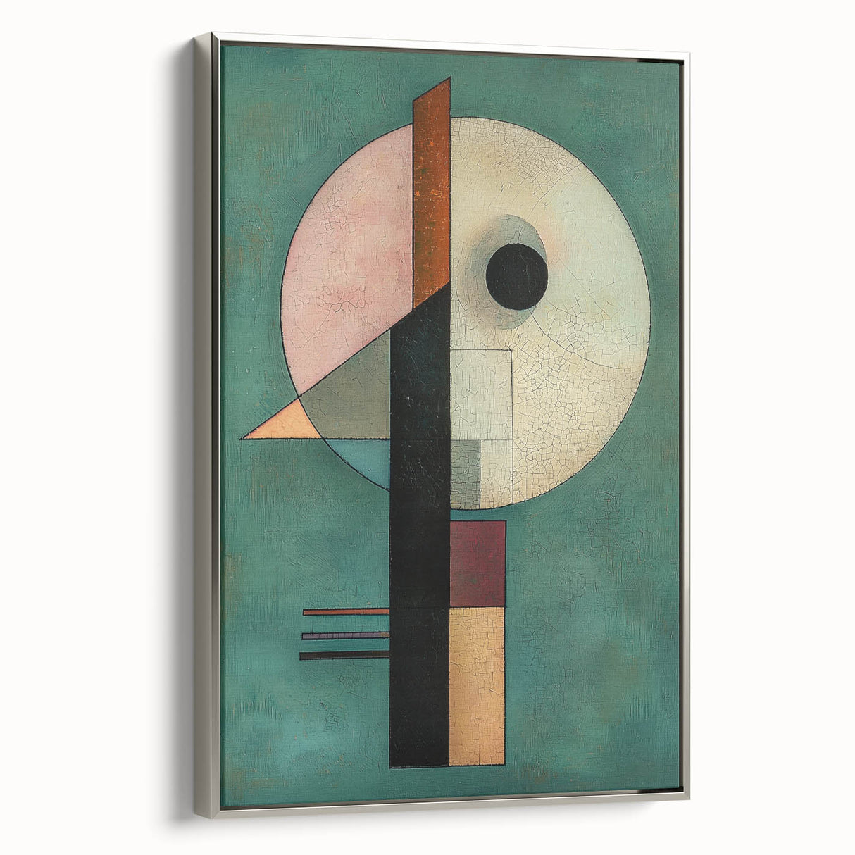 Abstract geometric framed canvas art in silver with a modern design, showcasing intricate shapes and lines, perfect for contemporary decor. Ideal for adding elegance to living spaces.