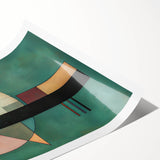 Abstract geometric rolled print showcasing vibrant blue, orange, and yellow colors, featuring intricate shapes and patterns. Ideal for modern decor and artistic expression.