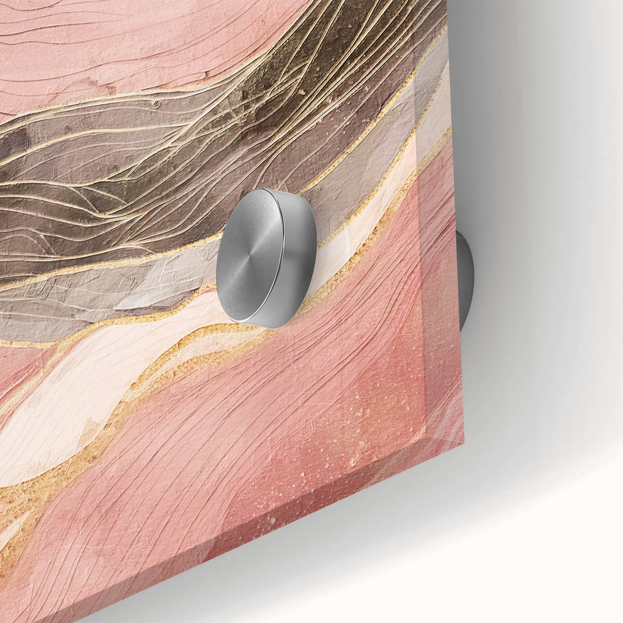 Close-up of vibrant abstract landscape wall art featuring bold colors and fluid shapes, printed on acrylic glass, showcasing modern design aesthetics for home decor.