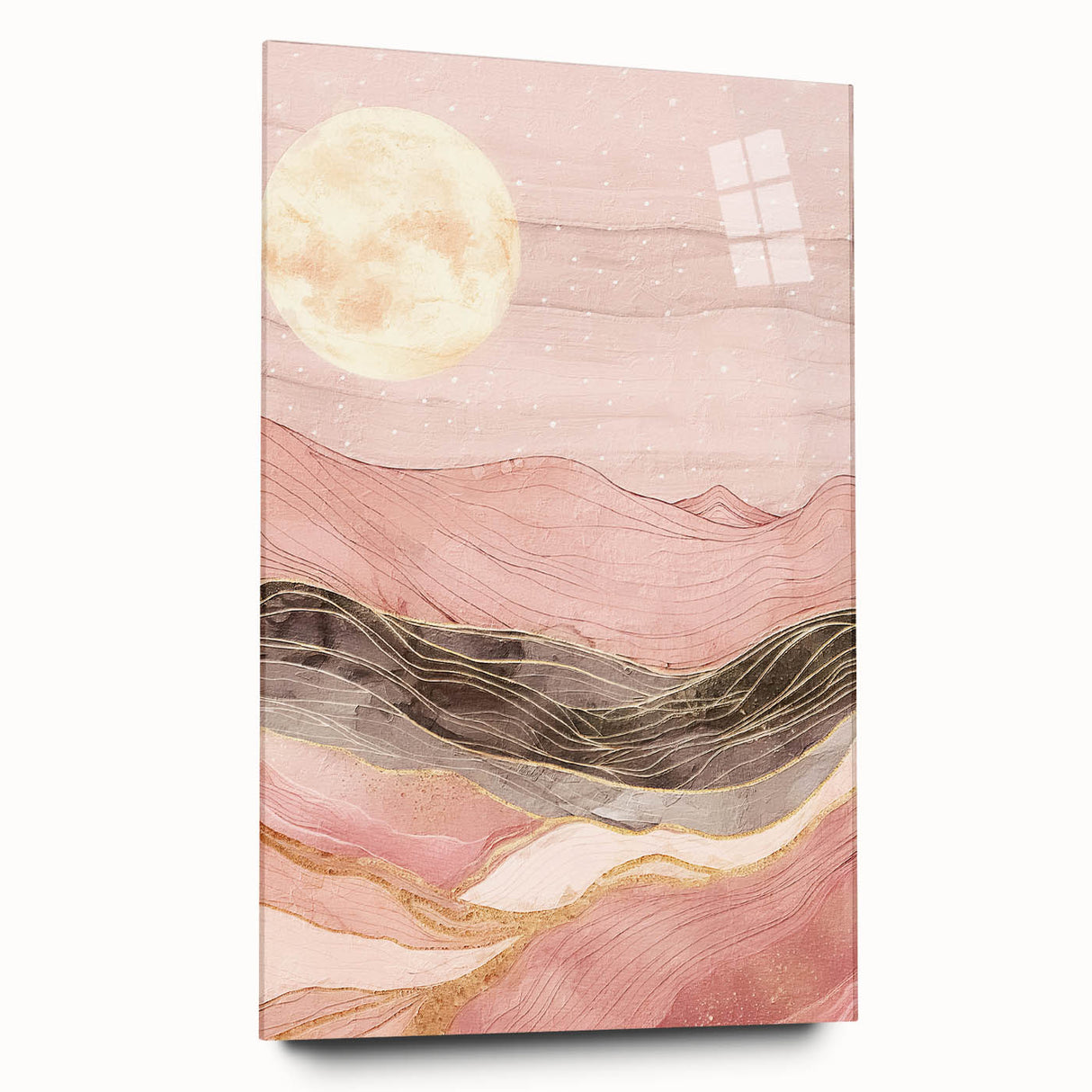 Abstract landscape wall art displayed in a sleek acrylic frame, showcasing vibrant colors and fluid shapes, perfect for modern home decor. The side view highlights the thickness of the glass and the absence of visible pins, emphasizing its elegant presentation.