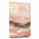Abstract landscape wall art displayed in a sleek acrylic frame, showcasing vibrant colors and fluid shapes, perfect for modern home decor. The side view highlights the thickness of the glass and the absence of visible pins, emphasizing its elegant presentation.