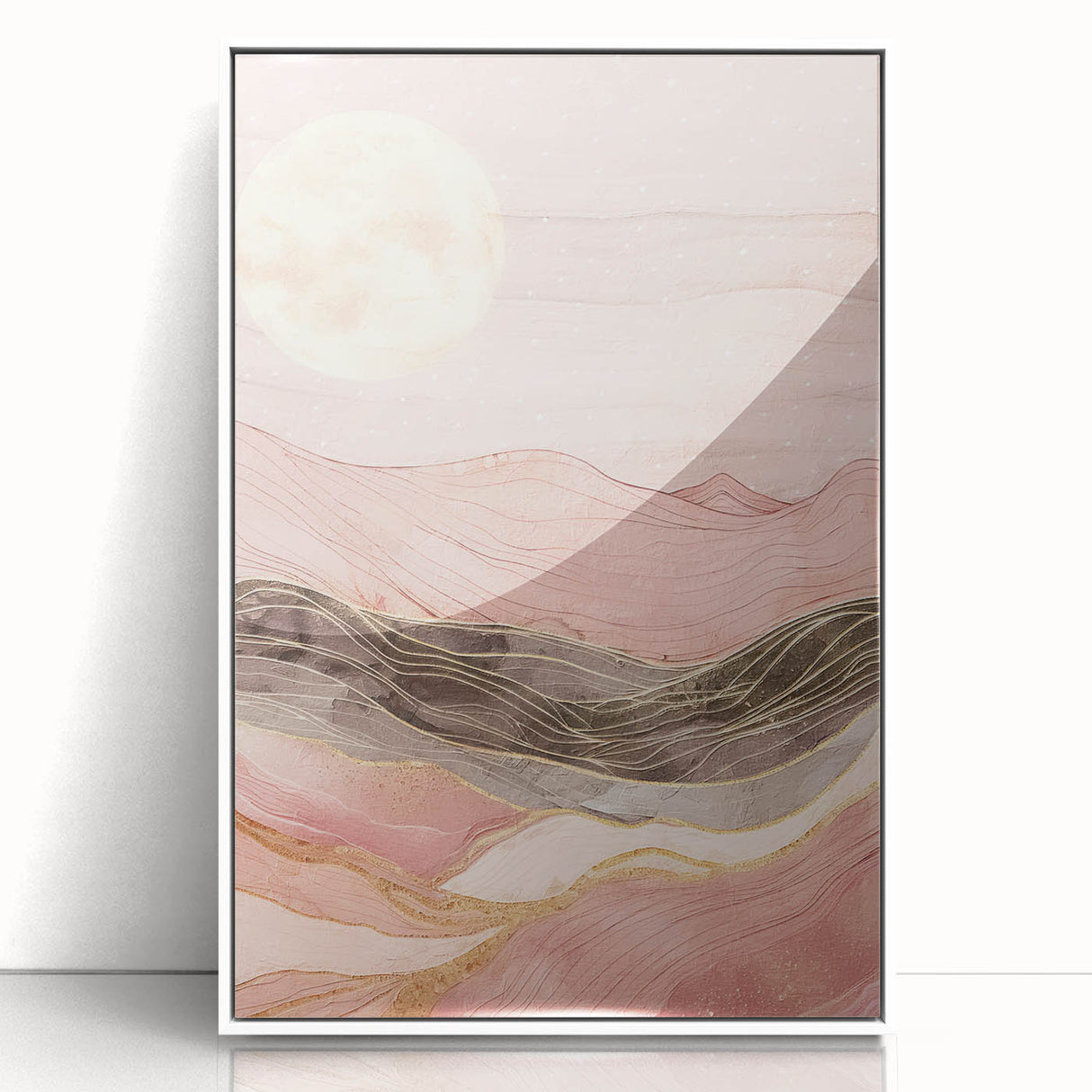 Framed abstract landscape wall art featuring vibrant colors and fluid shapes, set in a sleek white frame, ideal for modern home decor and artistic ambiance.
