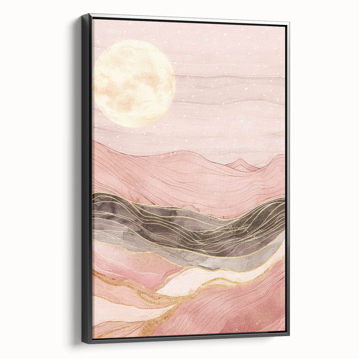 Framed abstract landscape wall art featuring a black canvas with vibrant colors, displayed from a side view to highlight its depth and texture. Ideal for modern decor.