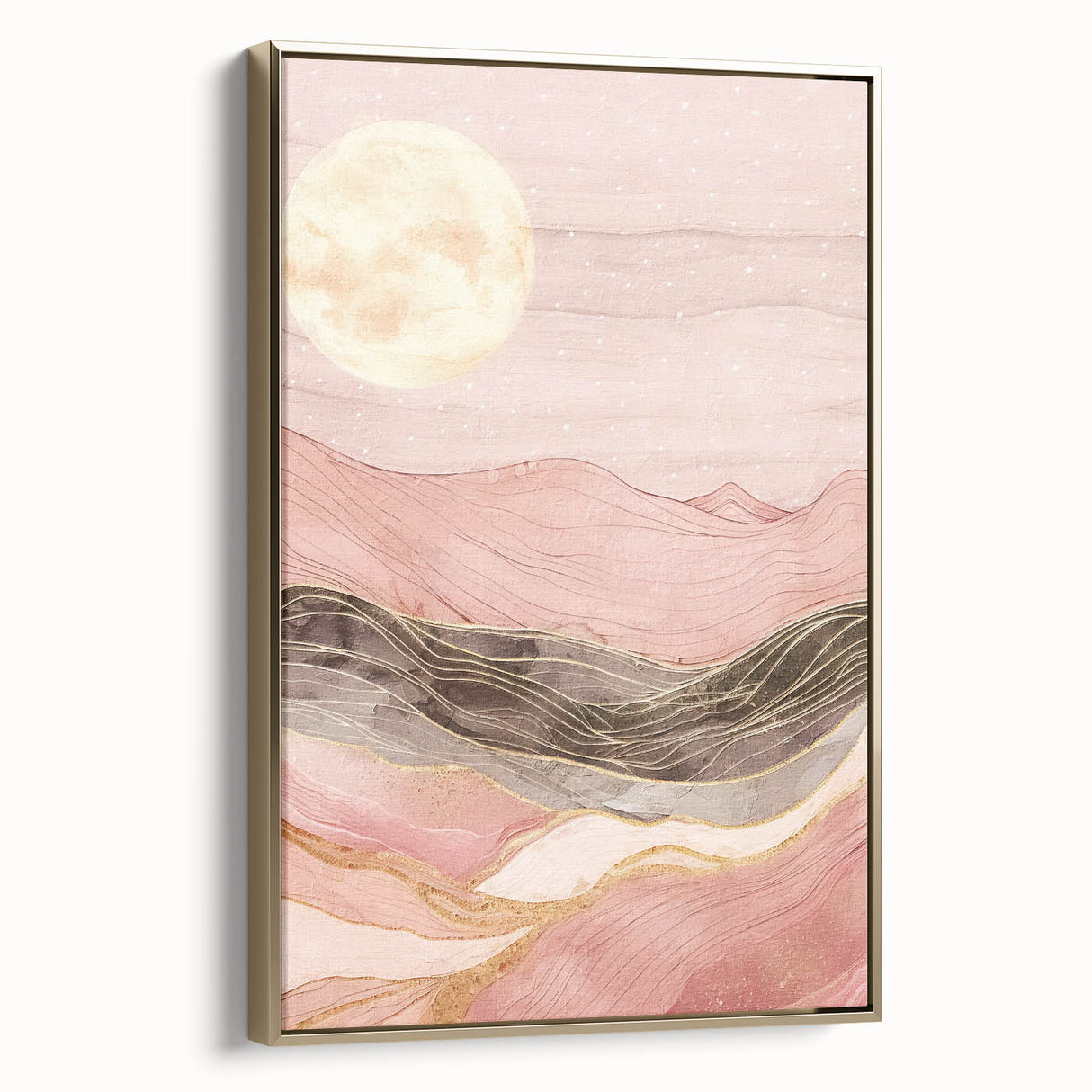 Framed abstract landscape wall art showcasing golden hues and textured details, designed to enhance modern interiors with a touch of elegance. Ideal for stylish home decor.