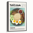 Black and white wall art featuring a vintage poster of various food dishes on a framed canvas, suited for bedroom decor.