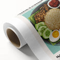 Art deco poster featuring an array of colorful food dishes on rolled canvas, suitable for dining room wall art.