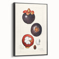 Black and white framed canvas featuring a vintage poster art of various fruits, ideal for bedroom wall decor.