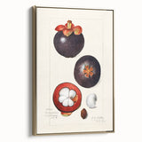 Landscape painting of fruits on gold-framed canvas, in muted earth tones, ideal for bedroom wall art.