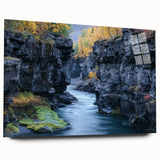 Vibrant acrylic wall art showcasing a stunning landscape of canyons, presented in a sleek glass frame without pins, perfect for modern home decor.