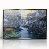 Framed acrylic print showcasing a stunning landscape of canyons in vibrant colors, perfect for home decor, adding a touch of nature-inspired elegance to any space.