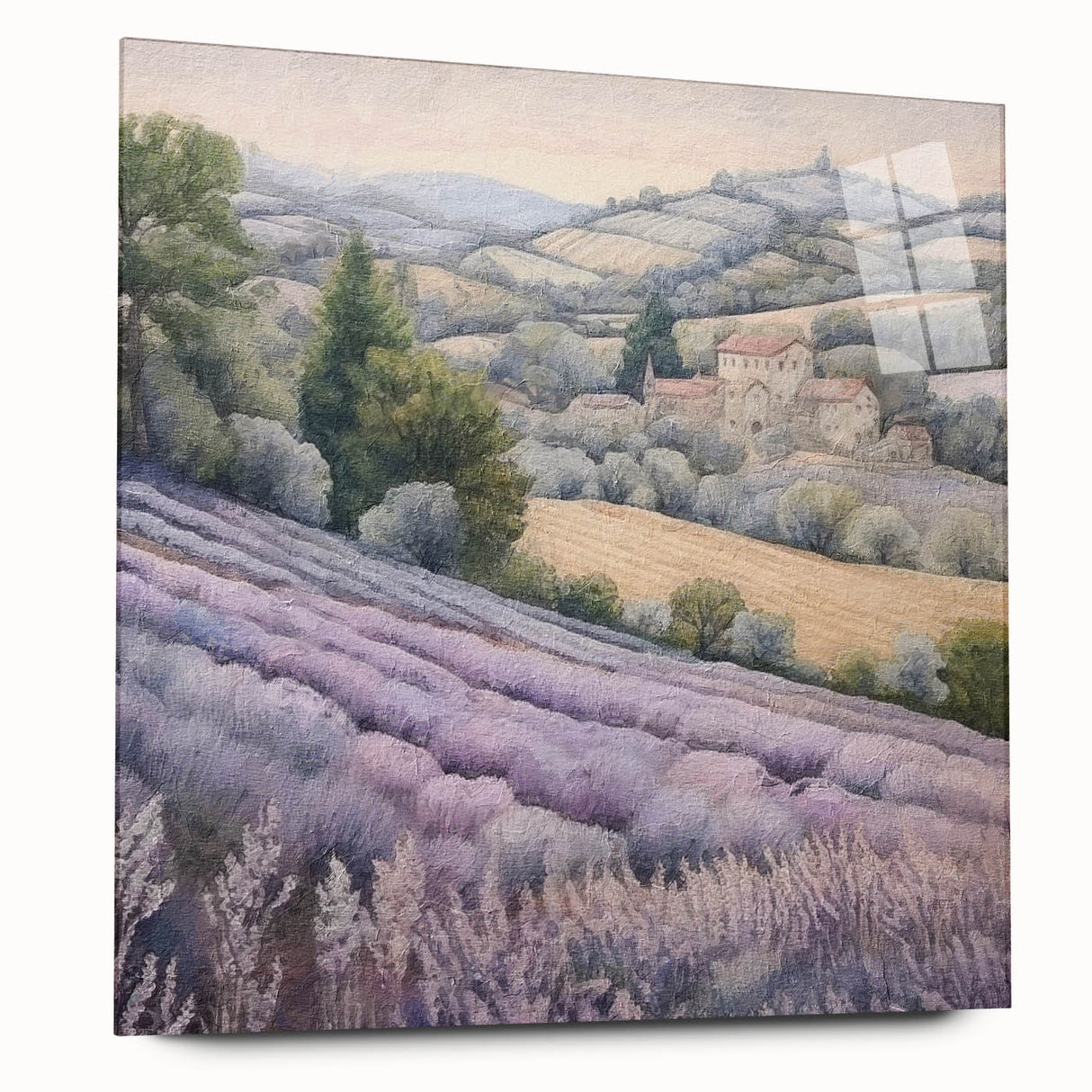 Landscape wall art depicting a serene countryside scene, crafted with high-quality acrylic glass. The side view showcases its sleek design, perfect for home decor.