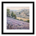 Landscape countryside wall art framed in black with a mat, showcasing vibrant green fields and a serene blue sky, perfect for home decor enhancement.