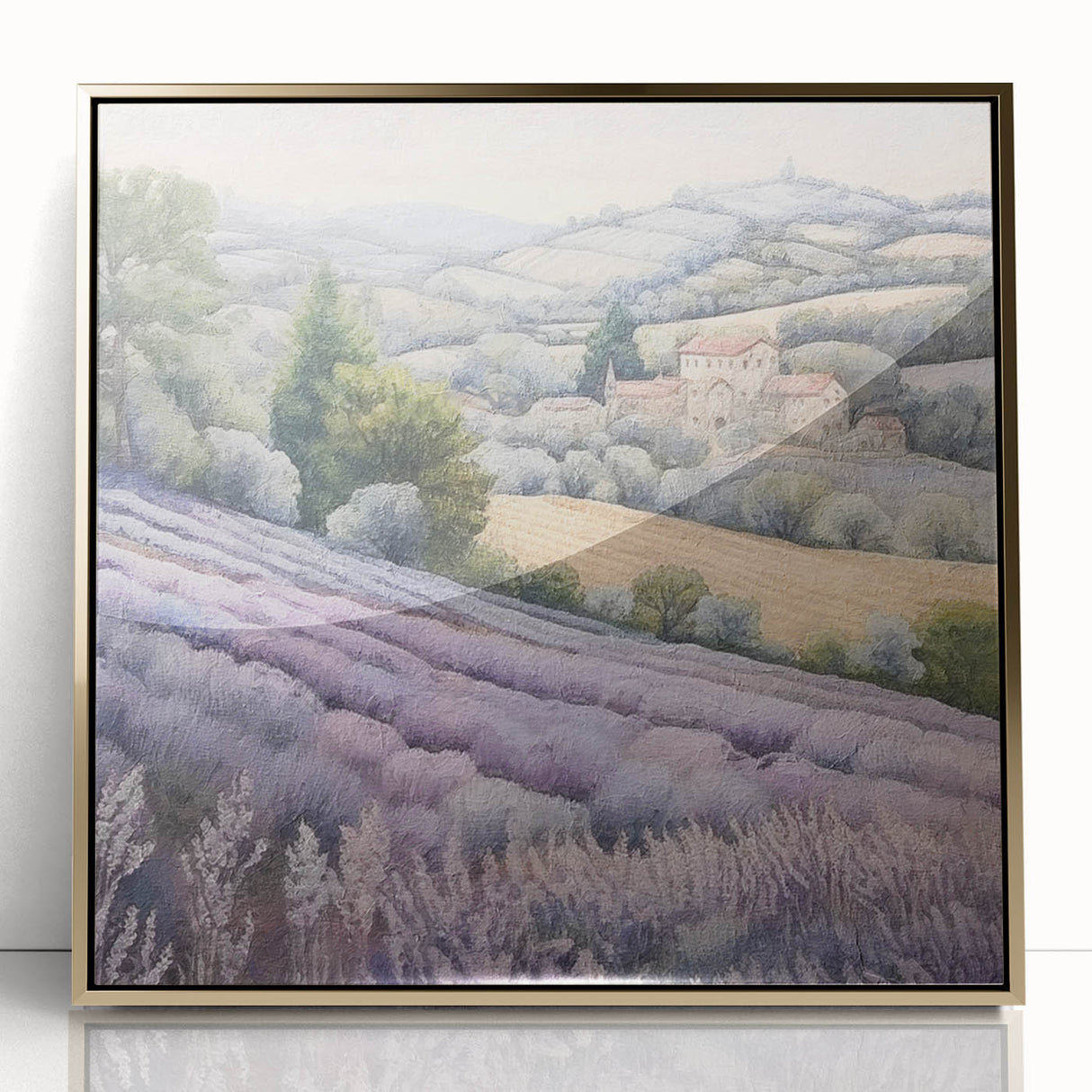 Framed landscape wall art depicting a serene countryside scene with vibrant green fields and a golden acrylic frame, ideal for home decor enhancement.
