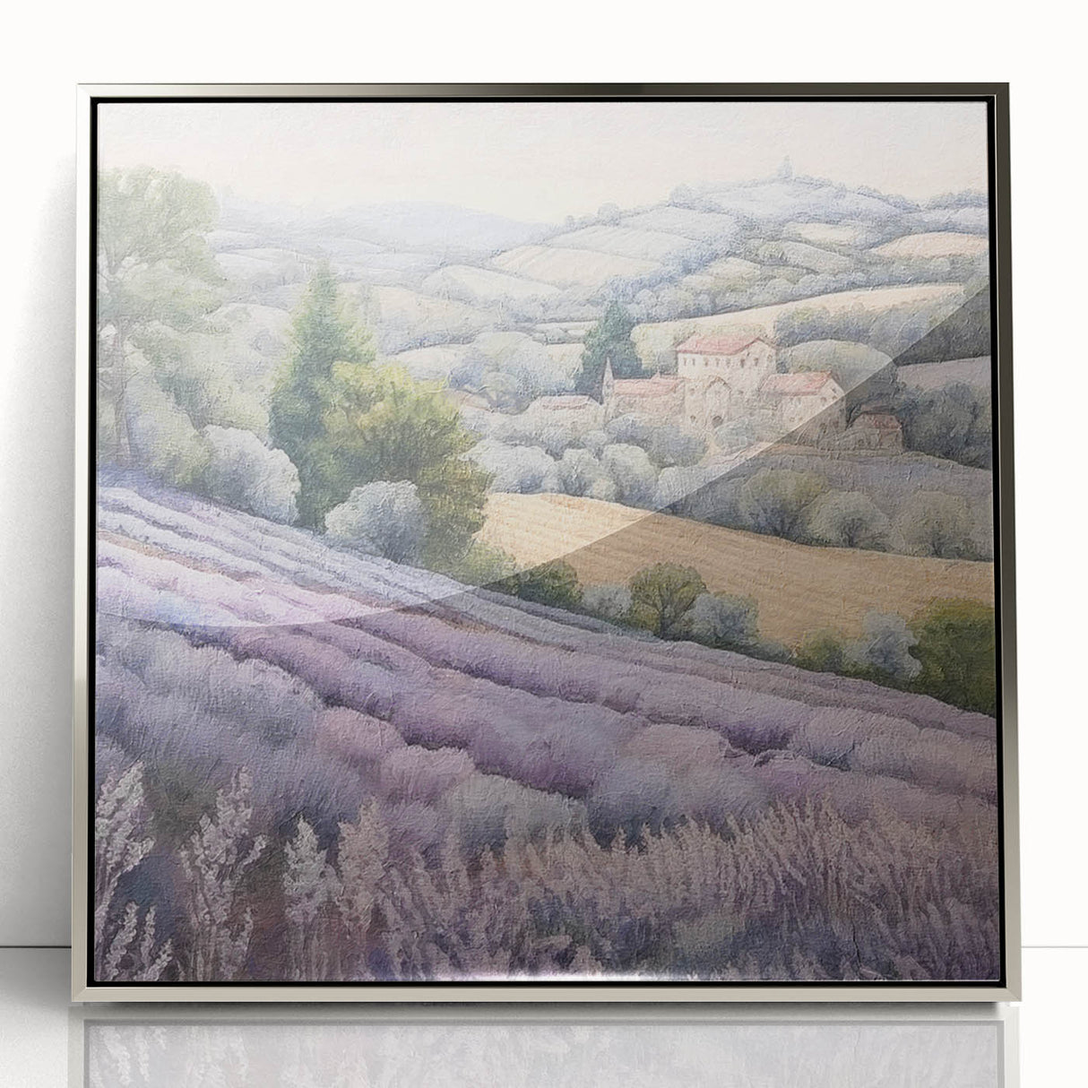 Framed acrylic wall art showcasing a serene countryside landscape, featuring lush green fields and a vibrant blue sky, with a sleek silver frame for a modern touch. Perfect for home decor enthusiasts seeking nature-inspired art.