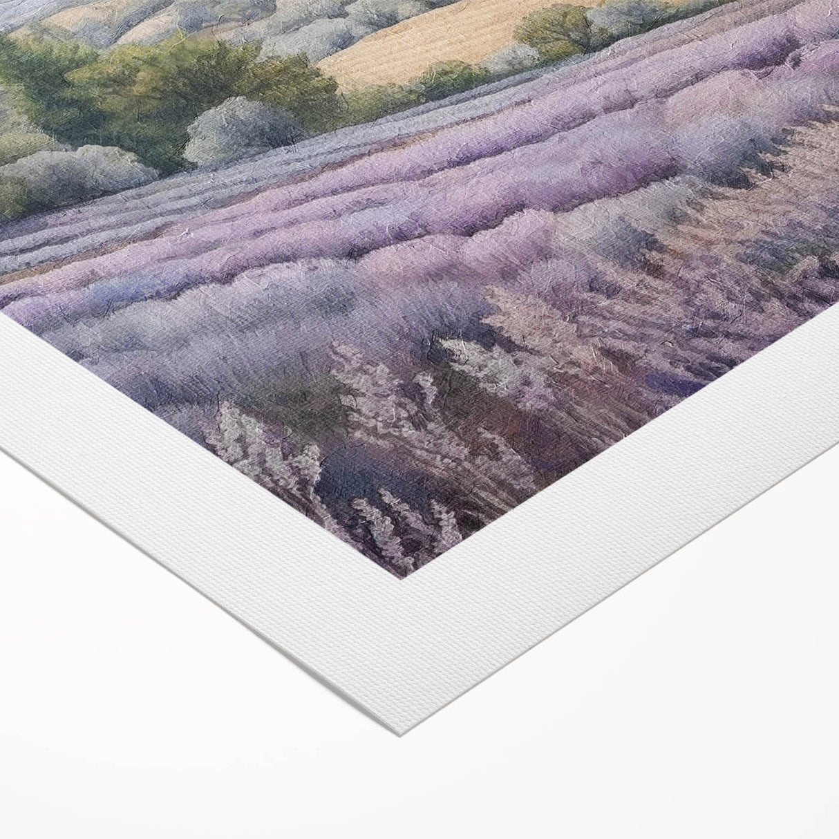Landscape wall art on rolled canvas showcasing a serene countryside scene with lush green fields, a blue sky, and soft clouds, perfect for home decor.