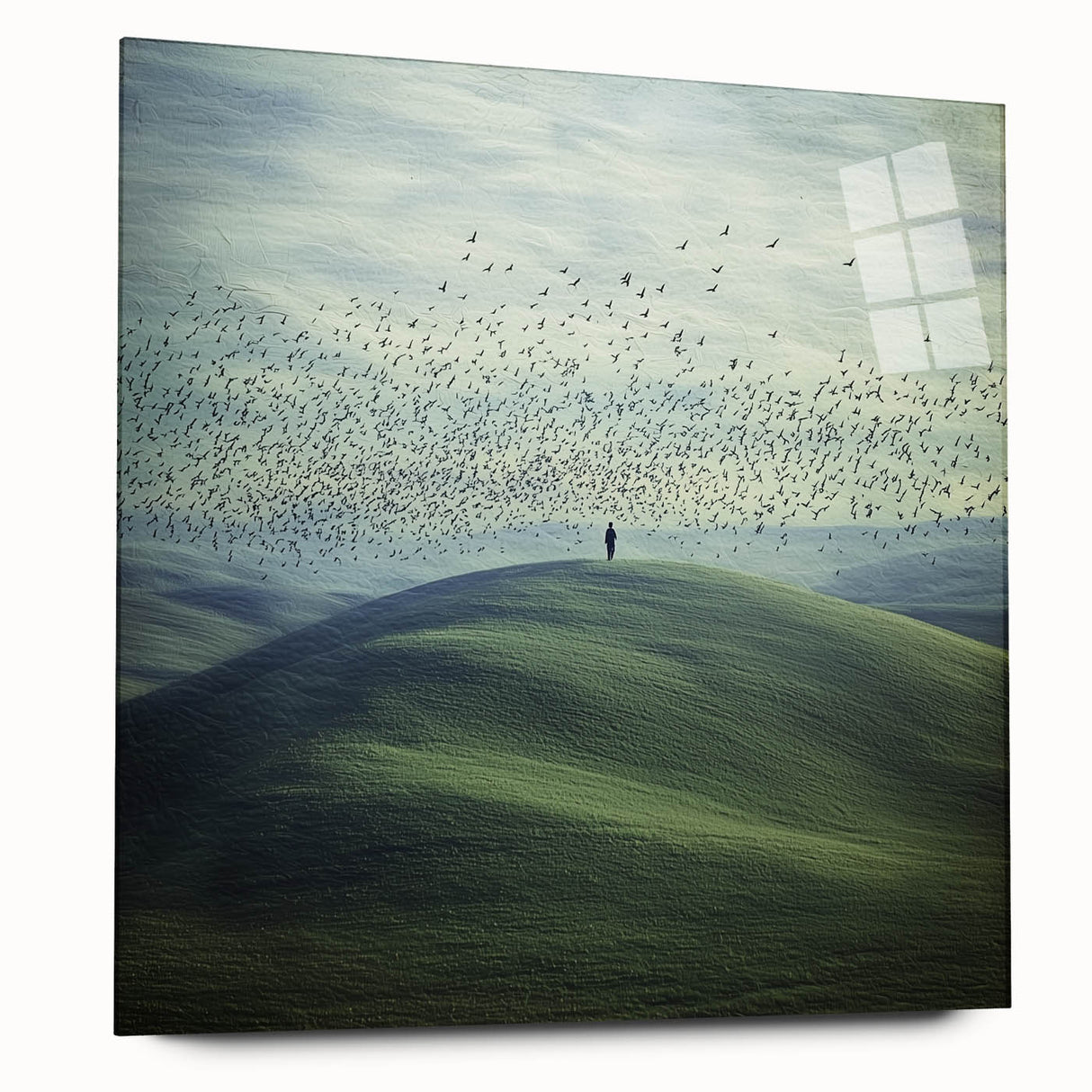 Acrylic landscape artwork showcasing a serene countryside scene, featuring vibrant green fields and a clear blue sky, displayed in a side view without pins.