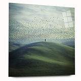 Acrylic landscape artwork showcasing a serene countryside scene, featuring vibrant green fields and a clear blue sky, displayed in a side view without pins.