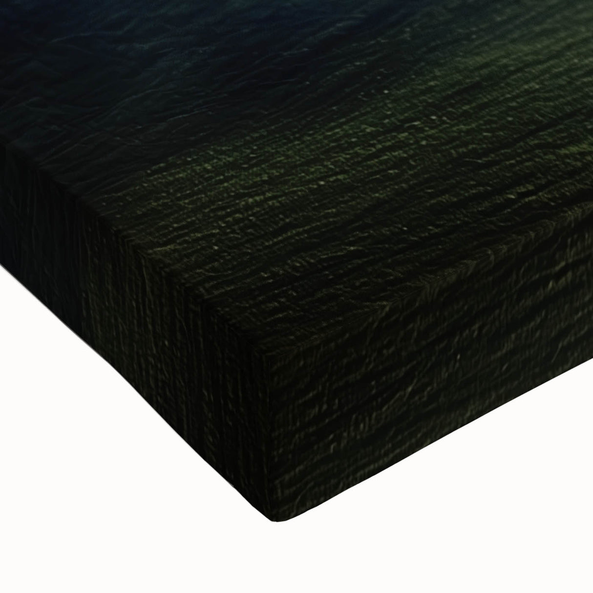 Close-up of a stretched canvas showcasing a vibrant countryside landscape design, featuring rich greens and blues, ideal for home decor or art enthusiasts.