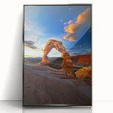 Framed acrylic artwork depicting a serene desert landscape, showcasing warm sandy hues, cacti silhouettes, and a tranquil sky, perfect for modern home decor.