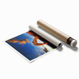 Desert landscape rolled canvas print showcasing vibrant orange and yellow hues, highlighting textured sand dunes under a clear blue sky, perfect for home decor.
