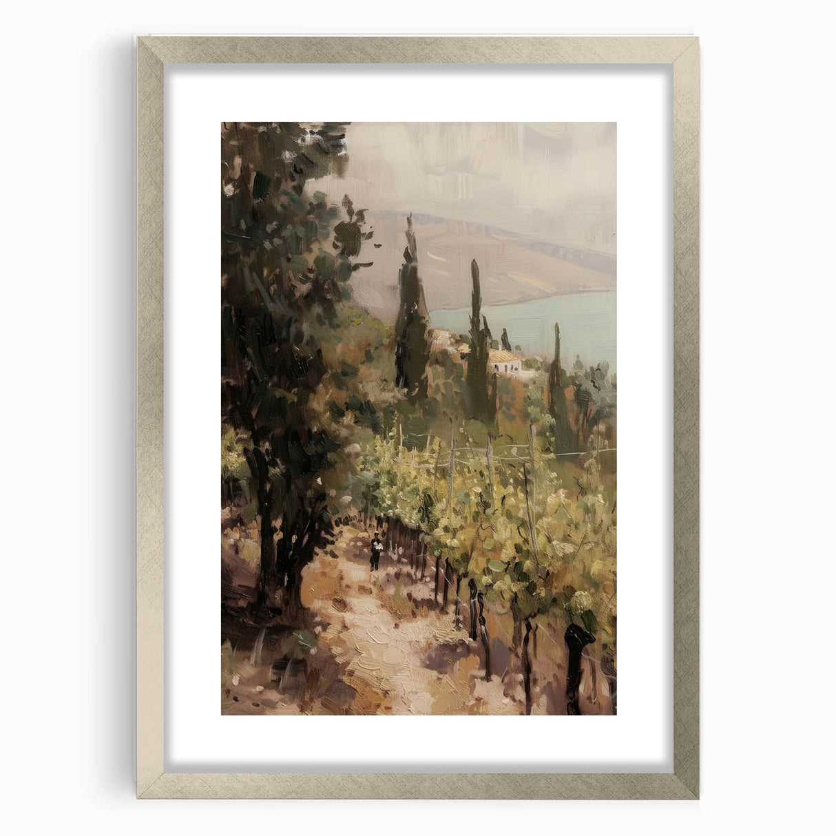Silver landscape picture frame with a white mat, showcasing a scenic view, ideal for home decor or office use. The sleek design complements various interior styles.