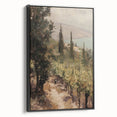Framed canvas artwork depicting a serene landscape with vibrant colors, showcasing a black frame and side view, ideal for home decor or office settings.