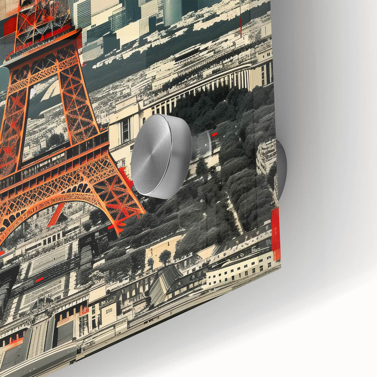 Large abstract depiction of Paris in muted blues and grays on acrylic glass.