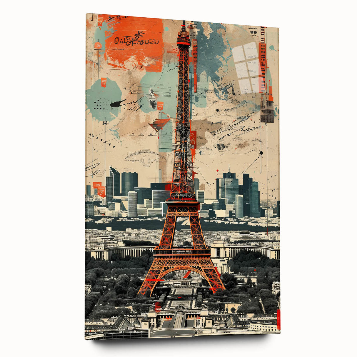 Large abstract depiction of Paris skyline in monochrome tones on acrylic glass, suitable for bedroom or dining room art.