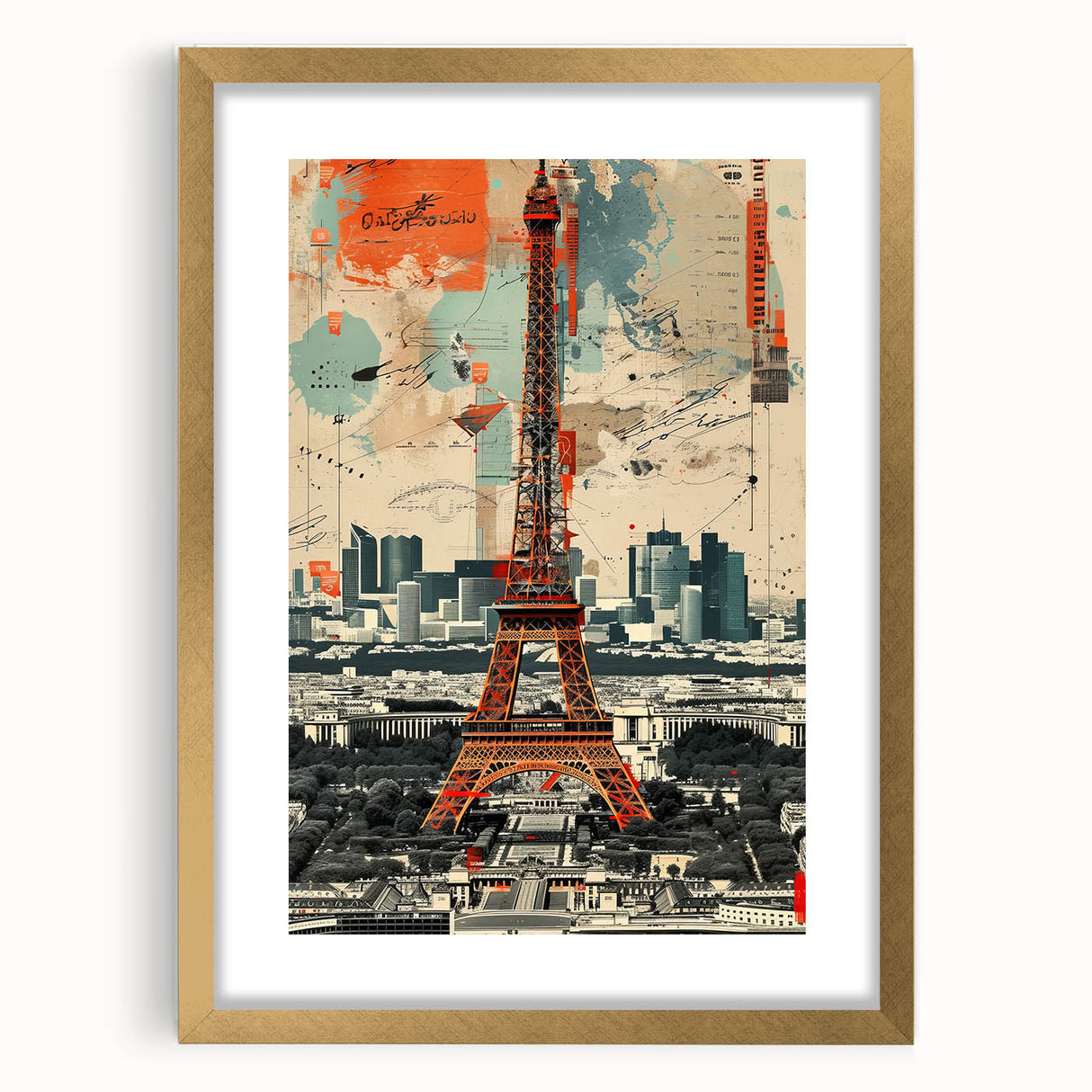 Abstract art print of Paris scenery in muted gold and blue tones on a framed canvas, suitable for dining room decor.