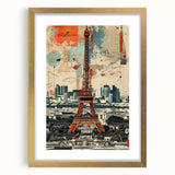 Abstract art print of Paris scenery in muted gold and blue tones on a framed canvas, suitable for dining room decor.