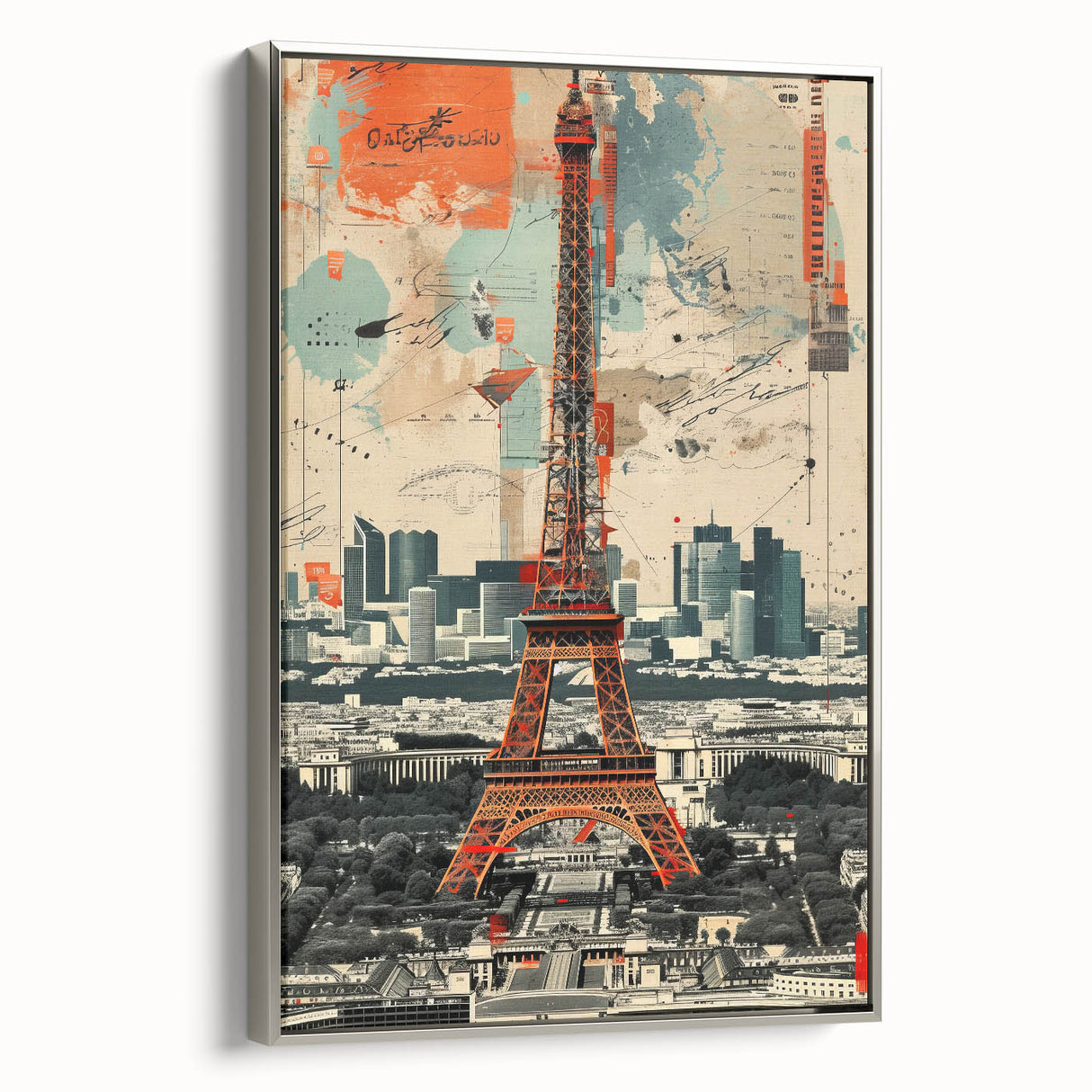 Framed canvas landscape art painting of the Eiffel Tower in Paris, with a vintage poster style.