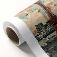 Art Deco style poster of Parisian scenery in pastel shades on rolled canvas.